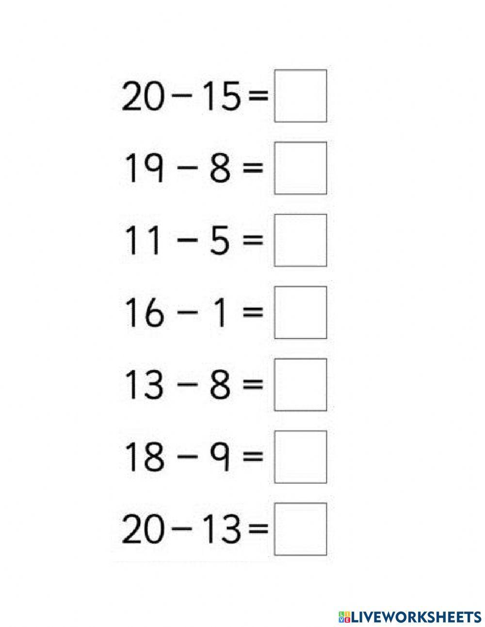 Subtract single number from a two digit number worksheet | Live Worksheets