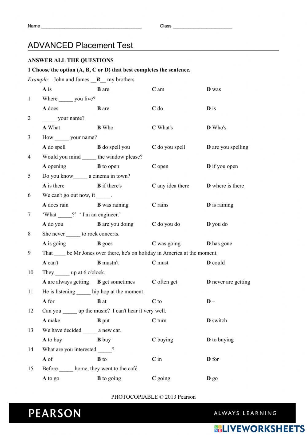 ADVANCED PLACEMENT TEST online exercise for | Live Worksheets