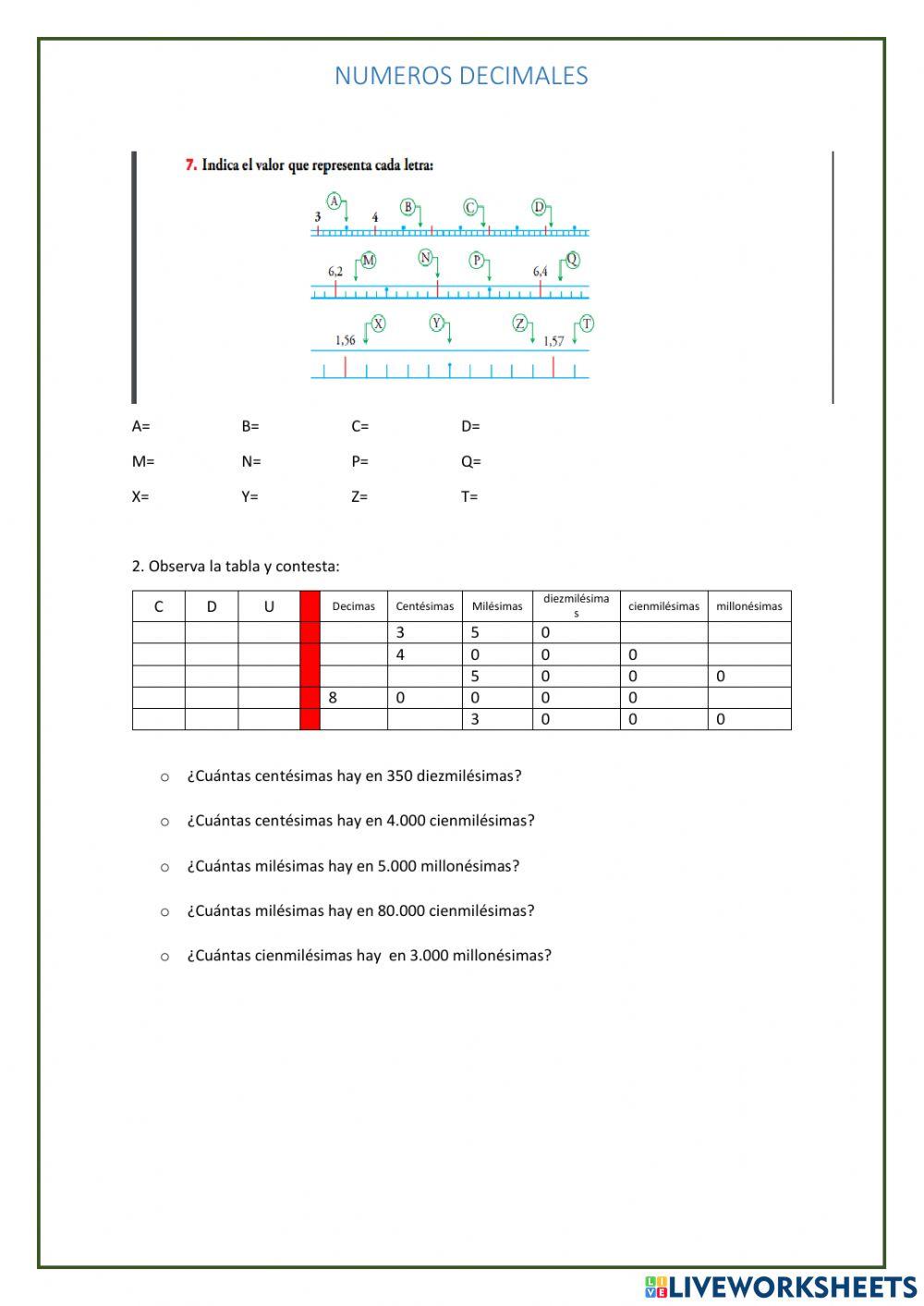 Recta con números decimales