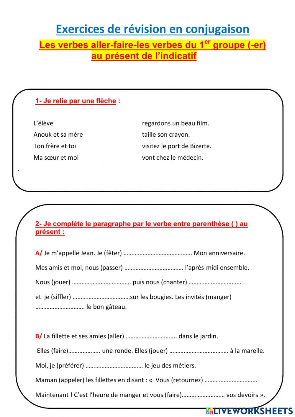 Conjugaison Du Verbe Aller Au Présent De L indicatif Conjugaison-verbe aller-faire-1er groupe worksheet | Live Worksheets