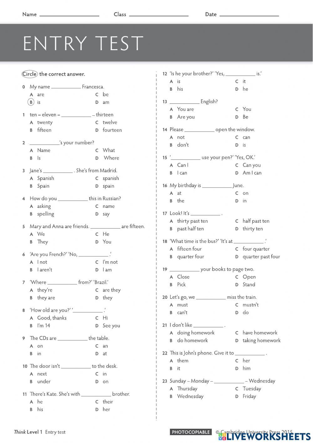 Cambridge a2 key level test online exercise for live worksheets
