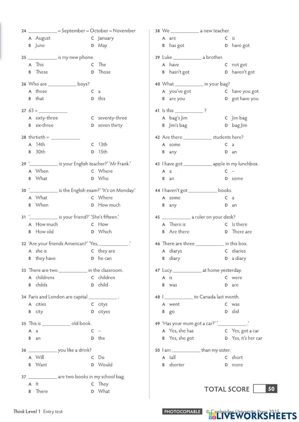 Cambridge a2 key level test online exercise for live worksheets