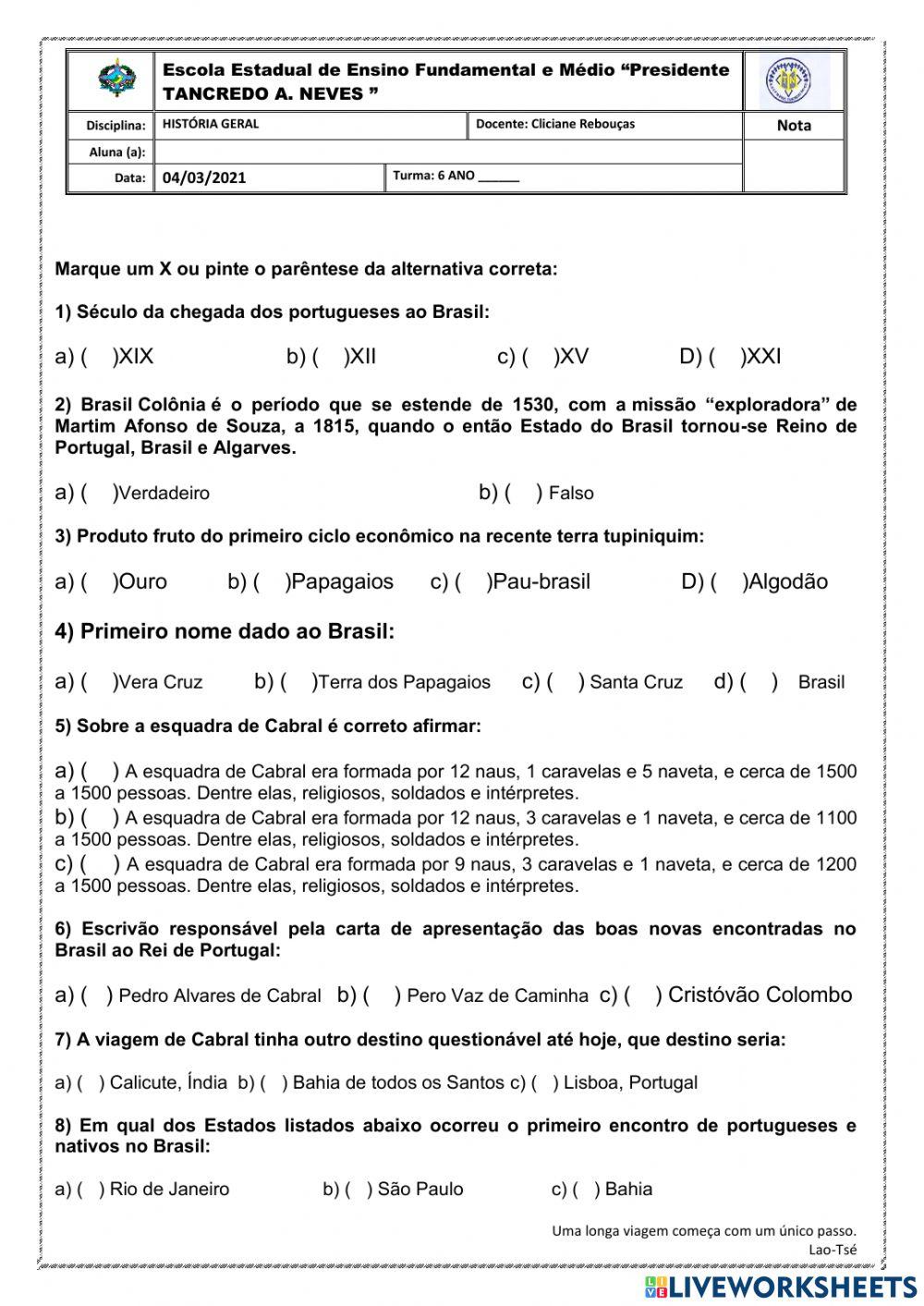 Revisão chegada dos portugueses ao Brasil