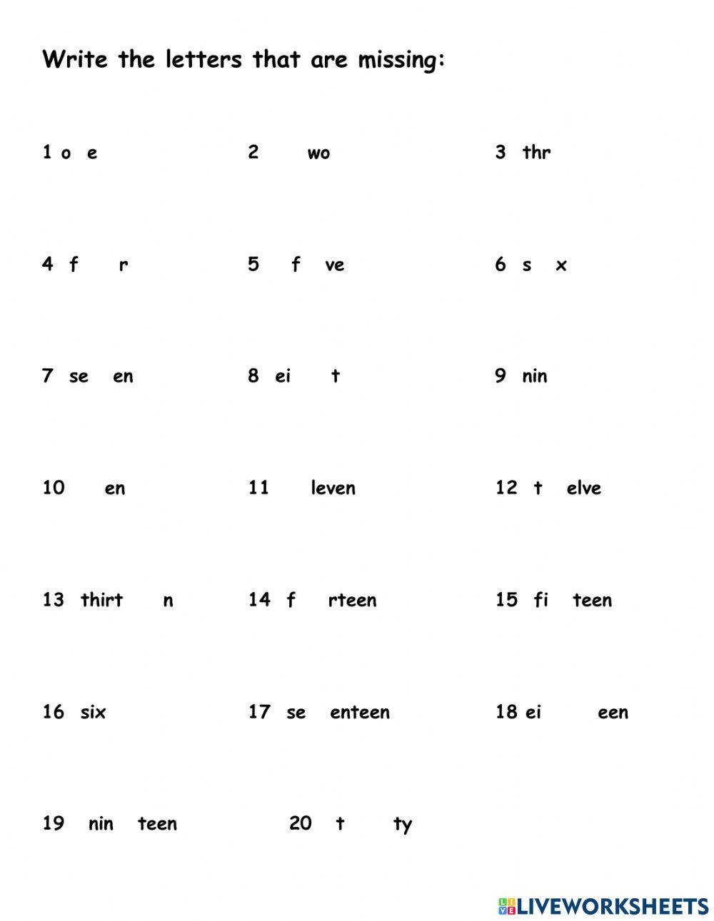 Numbers from 1 to 20