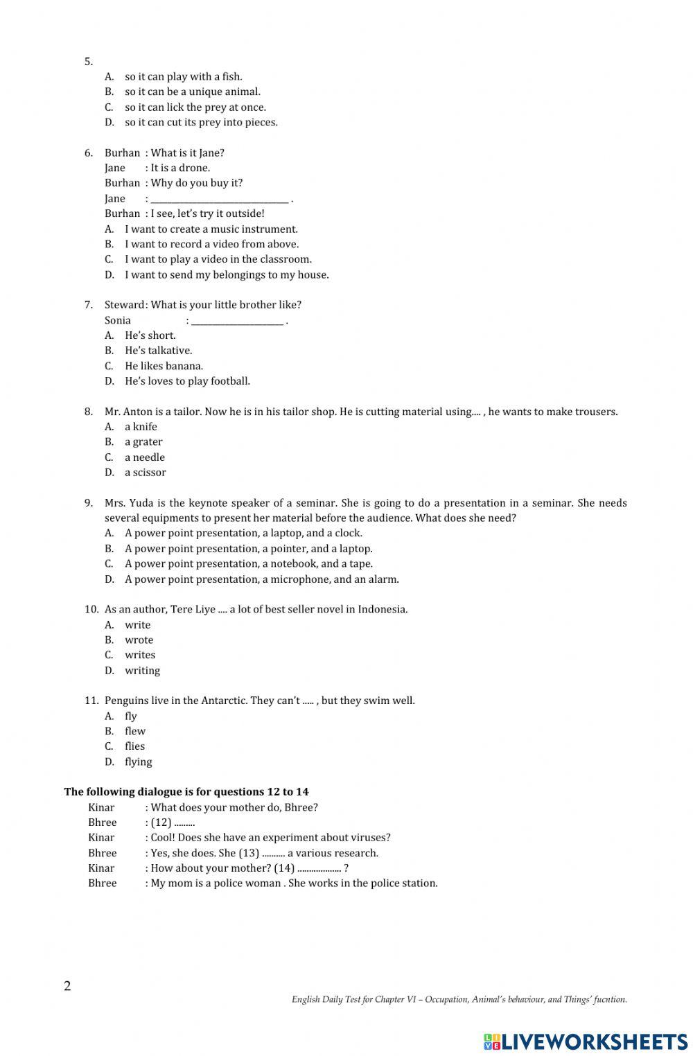 Daily Test for Chapter 6 - Grade 7