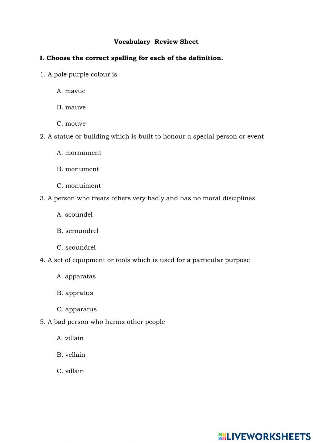 Vocabulary Review (Semester Two) 