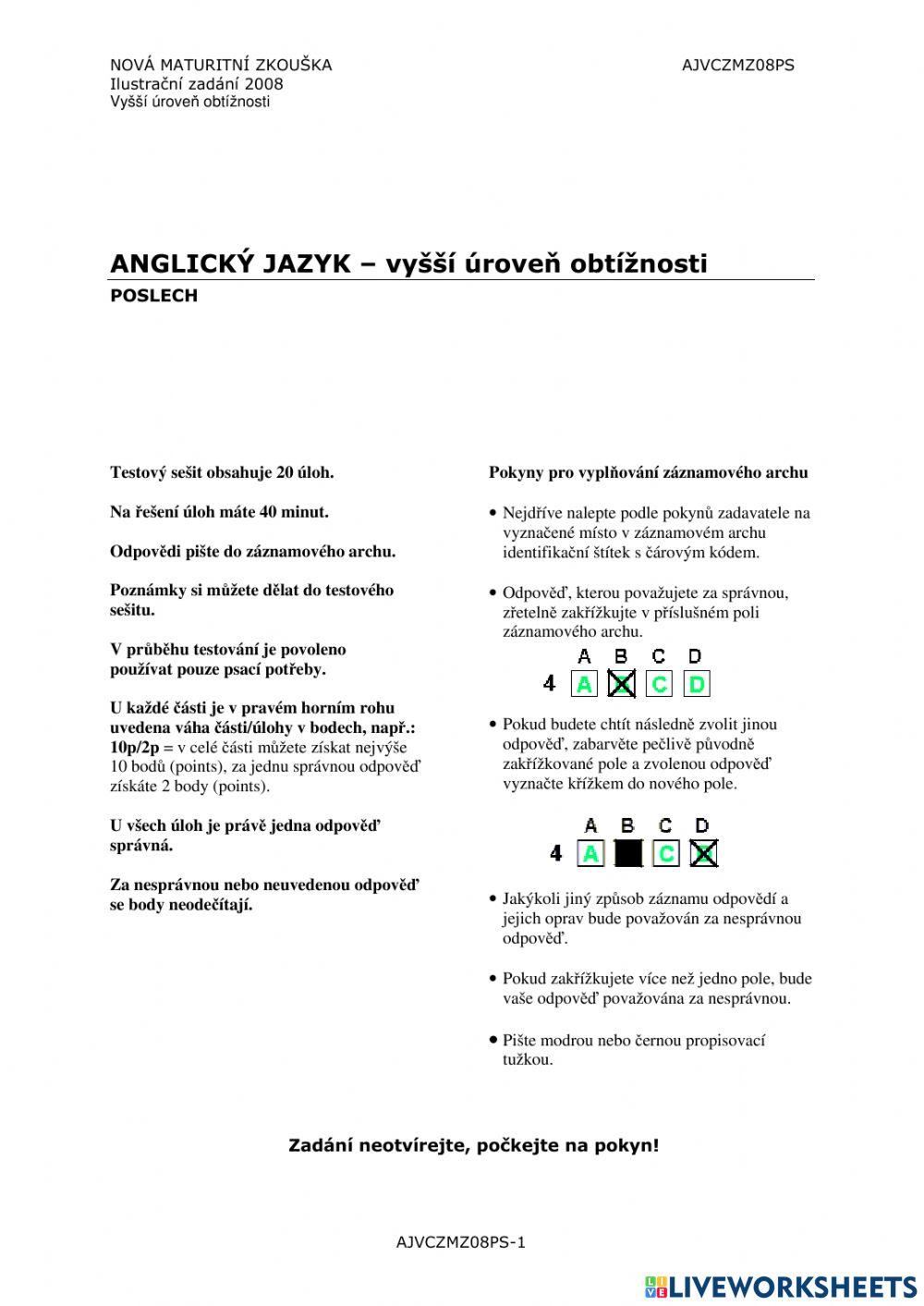 Maturita listening higher level 2008 Czech Republic