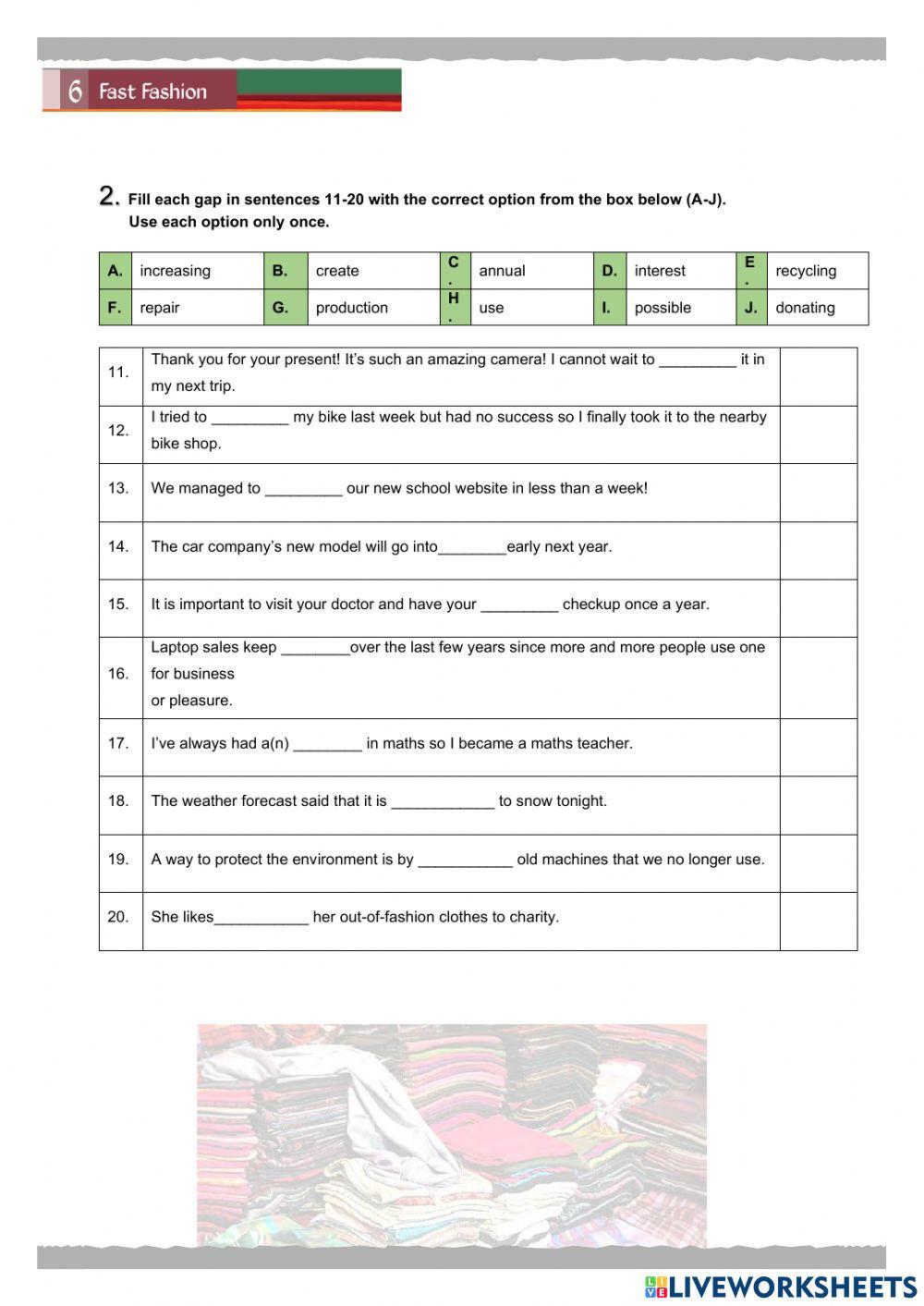 Αγγλικά Α' - Unit 6 Fast Fashion Vocabulary- Τράπεζα Θεμάτων