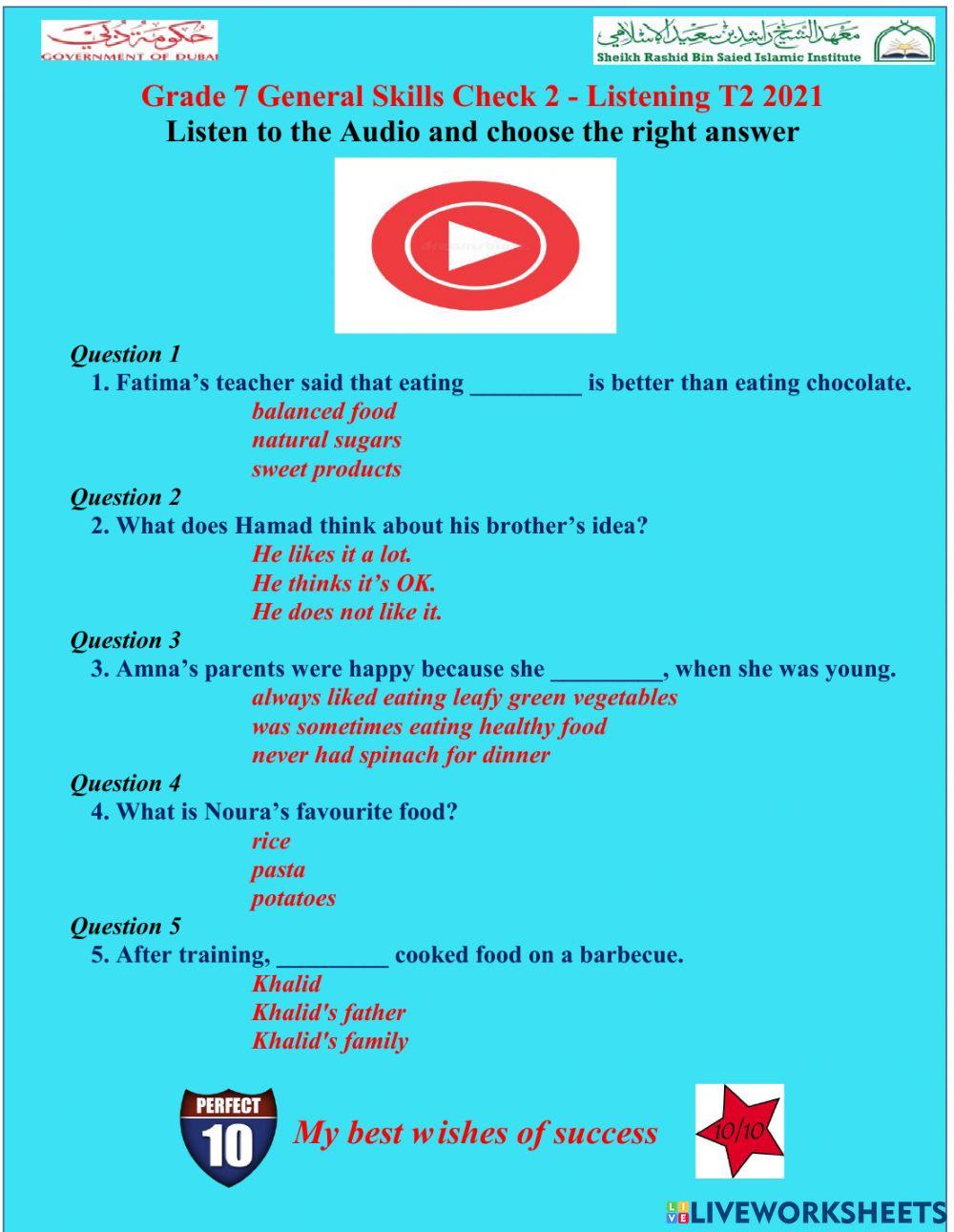 Grade 7 General Skills Check 2 - Listening T2 2021