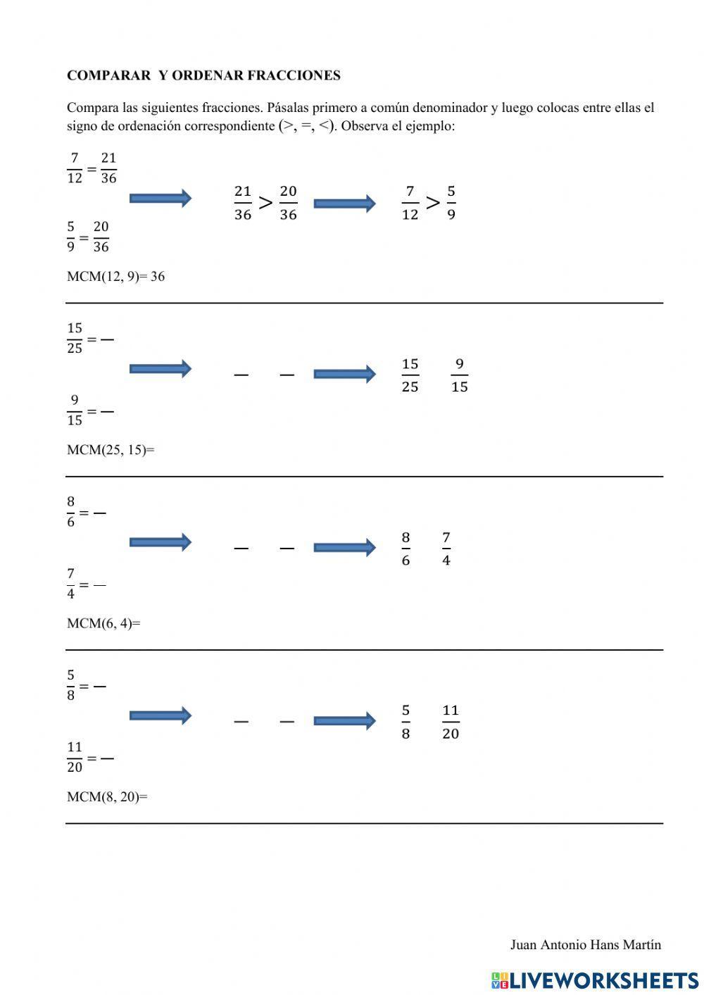 Comparar y ordenar fracciones