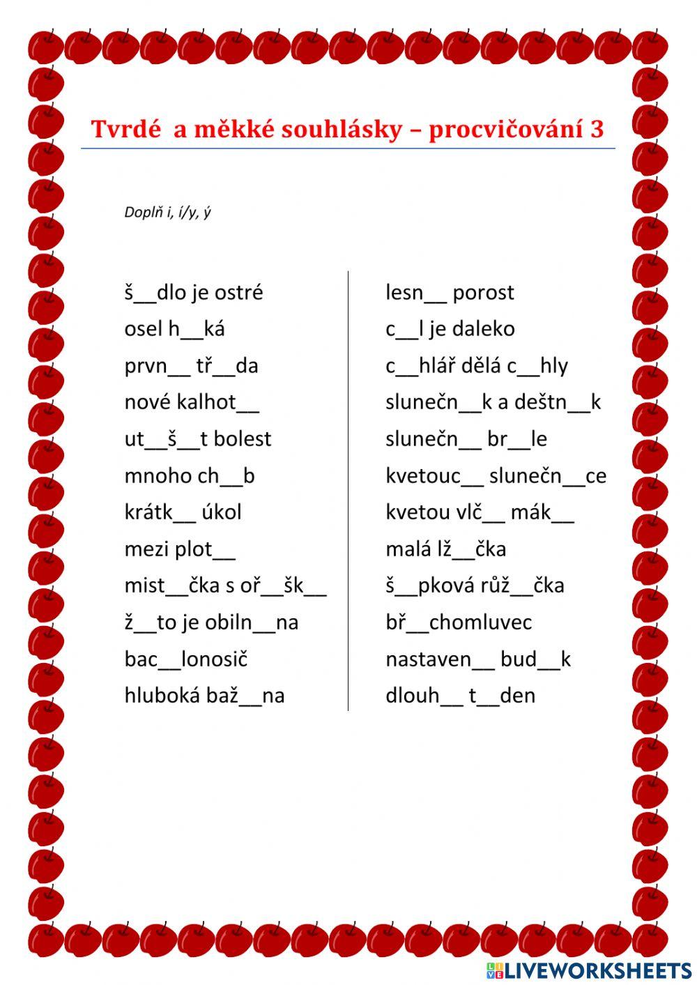 Tvrdé a měkké souhlásky - procvičování 3