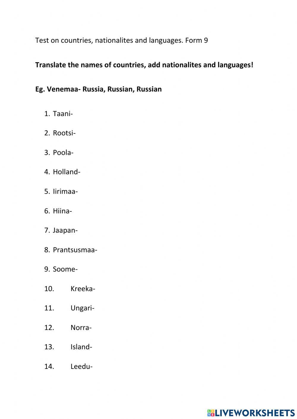 Countries, nationalities, languages