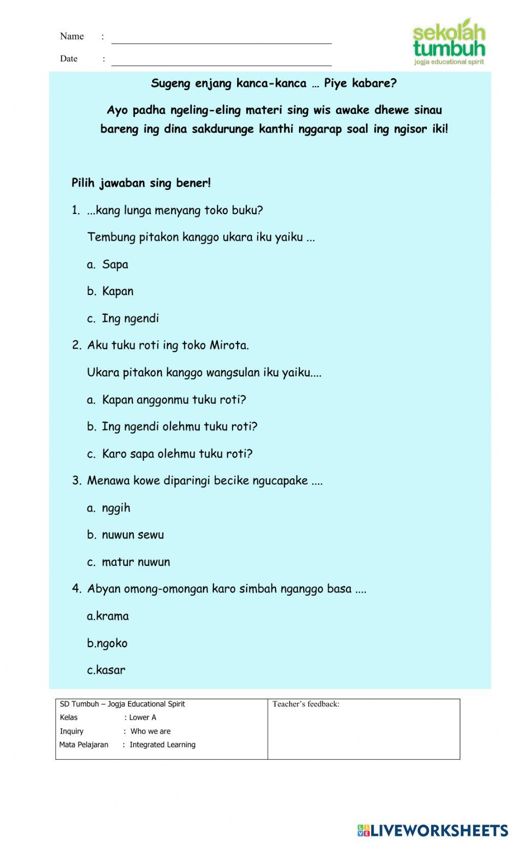 Bahasa Jawa-Evaluasi Ukara pitakon lan Uluk Salam-Essay