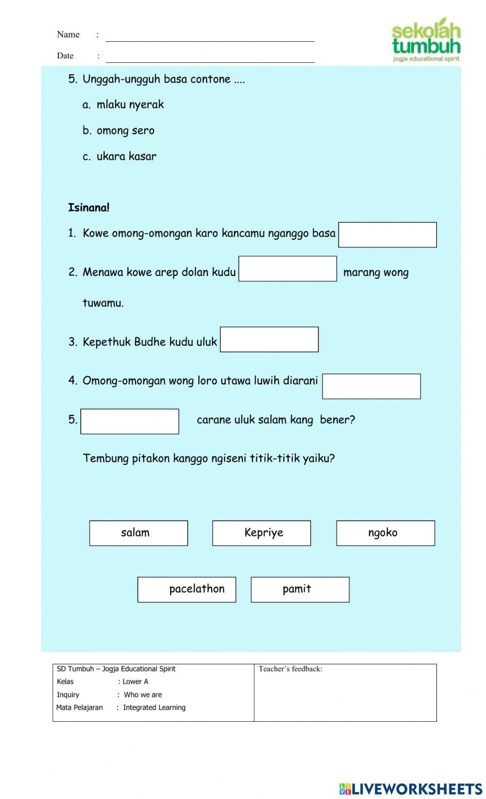 Bahasa Jawa-Evaluasi Ukara pitakon lan Uluk Salam-Essay