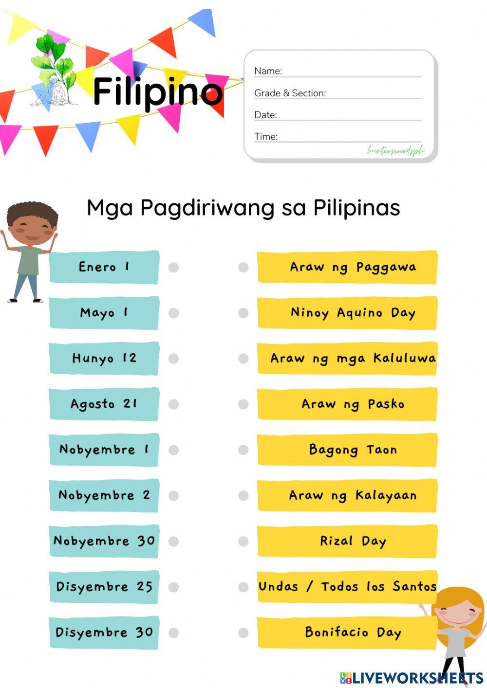 Mga Pagdiriwang sa Pilipinas (HuntersWoodsPH Filipino Worksheet)