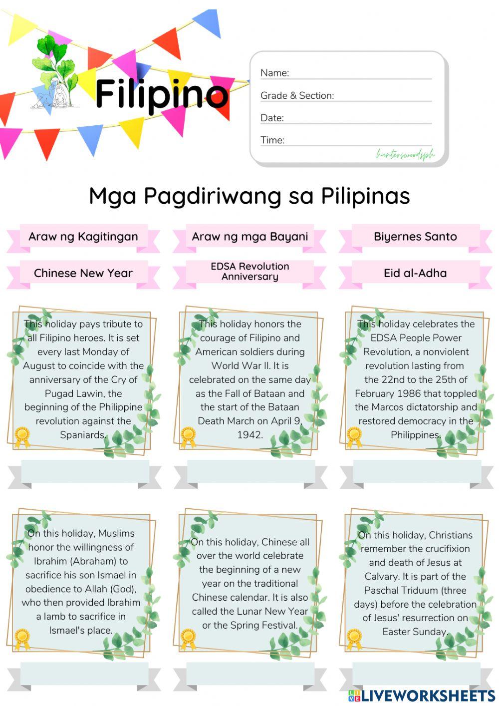Mga Pagdiriwang sa Pilipinas (HuntersWoodsPH Filipino Worksheet)