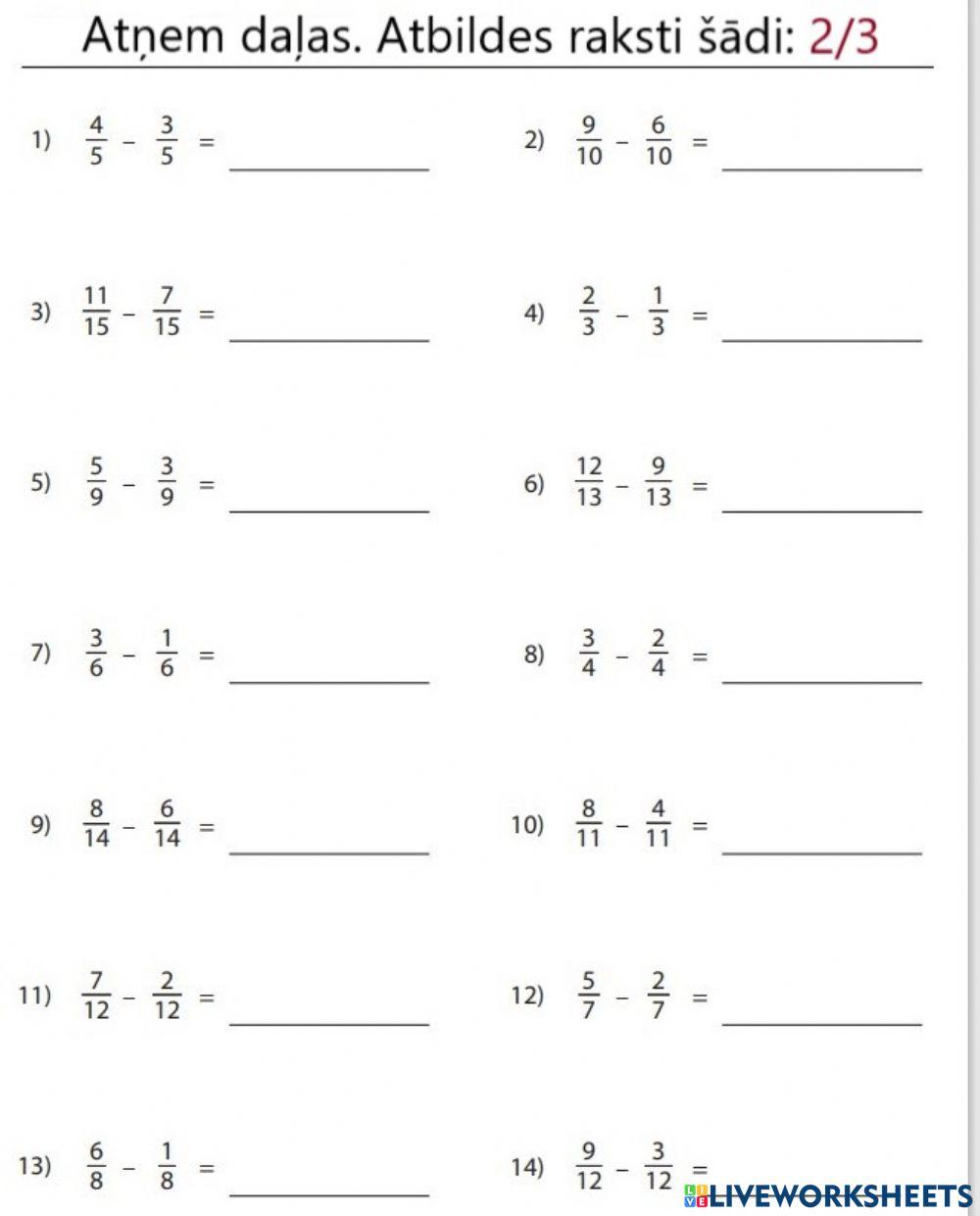 Daļu atņemšana ar vienādiem saucējiem