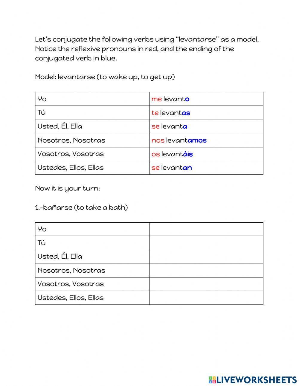 Las conjugaciones de los verbos reflexivos worksheet Live Worksheets