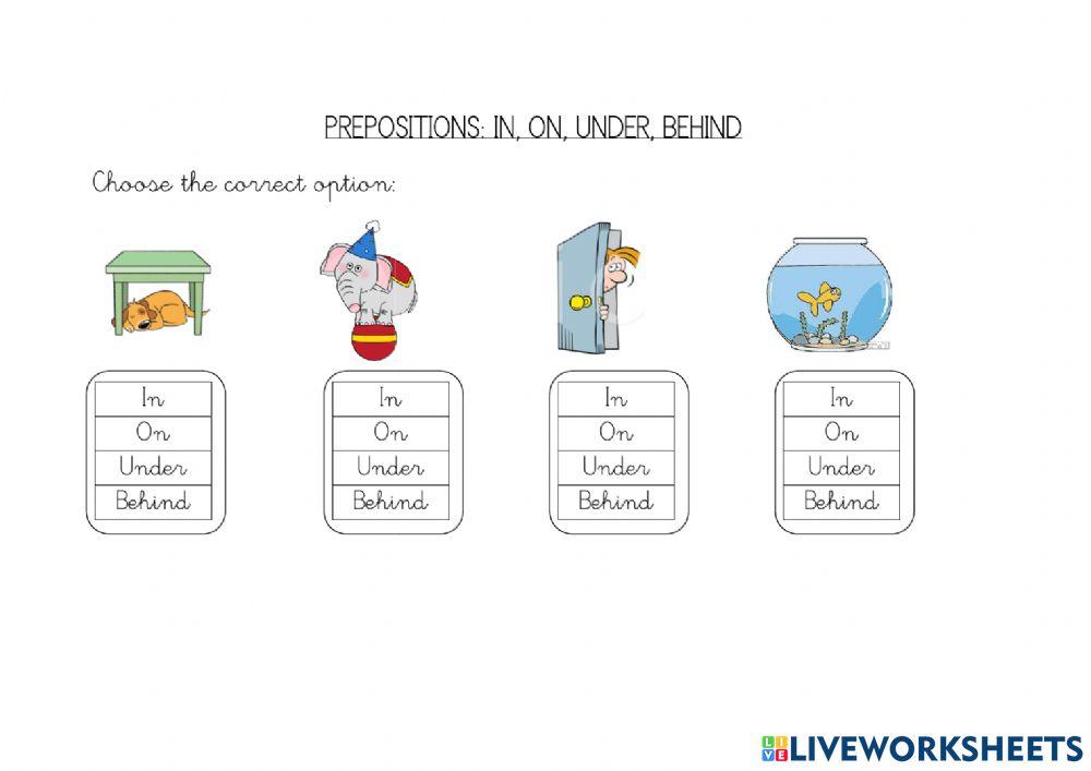 Prepositions: in, on, under, behind