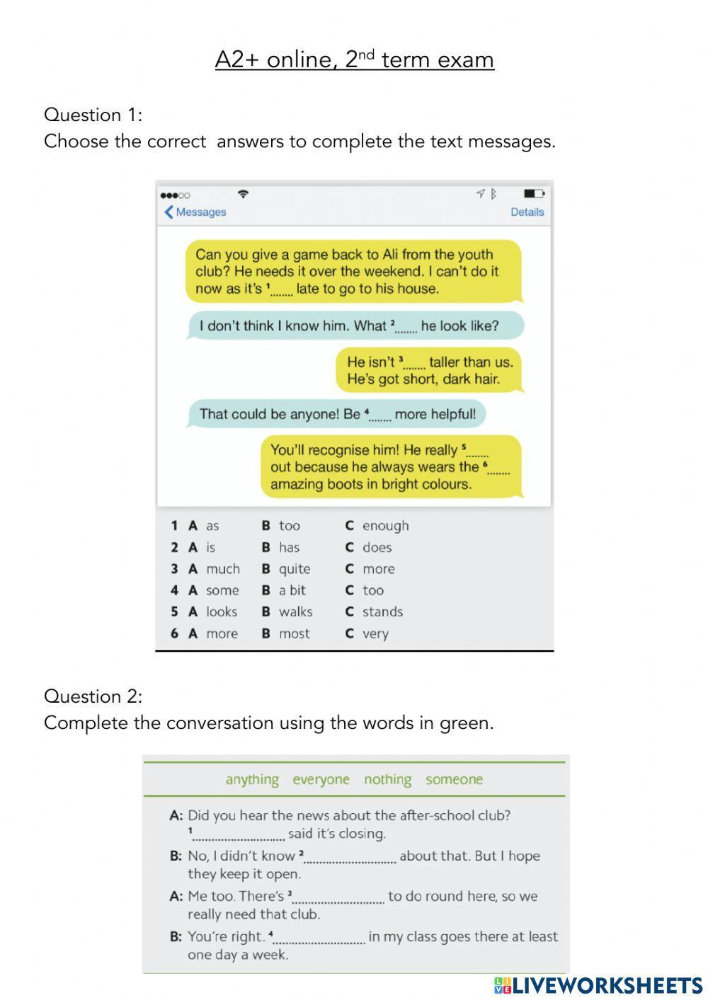 A2+ online class exam term 2
