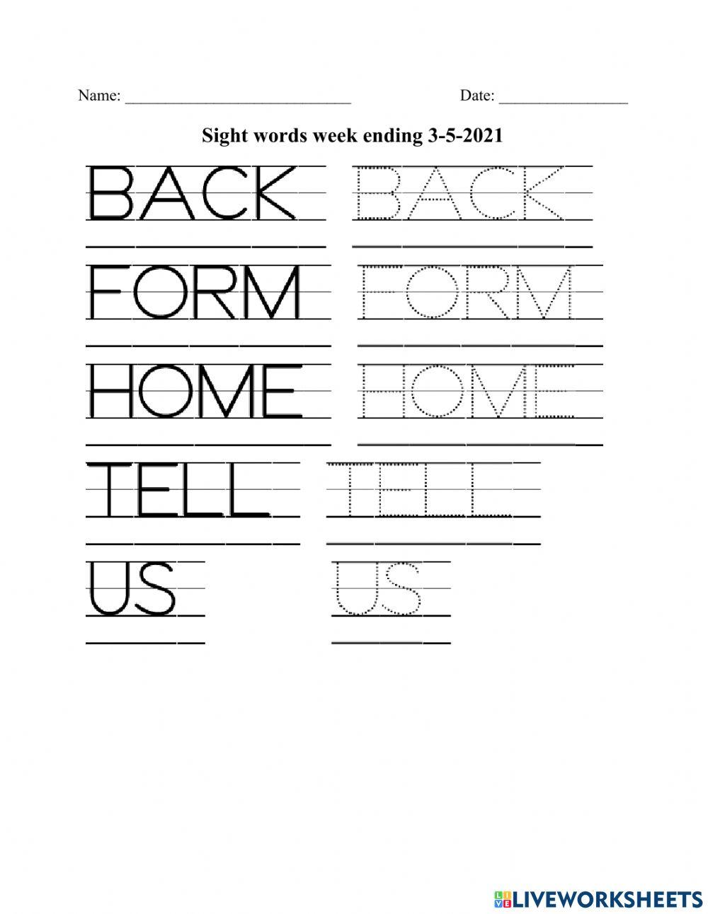 Sight words week ending 3-5-2021