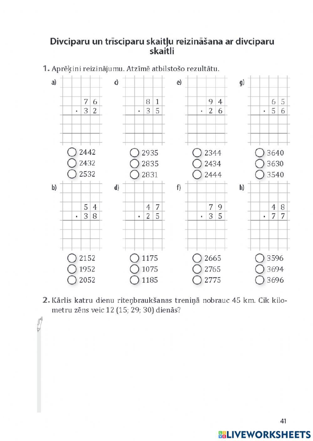 Divciparu un trīsciparu skaitļu reizināšana ar divciparu skaitli
