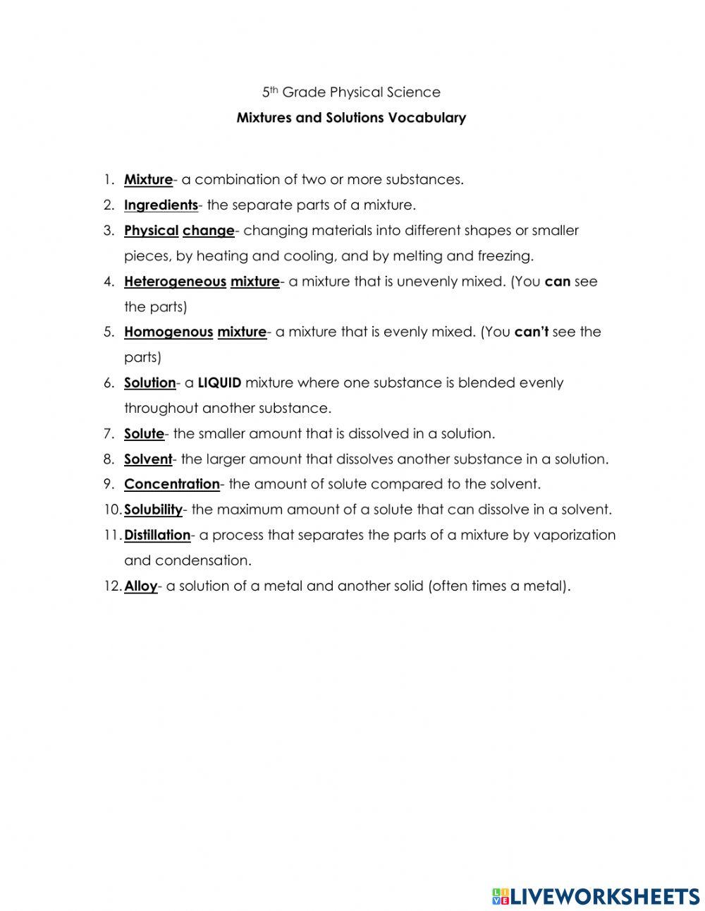 Mixture Voabulary List 5th Grade