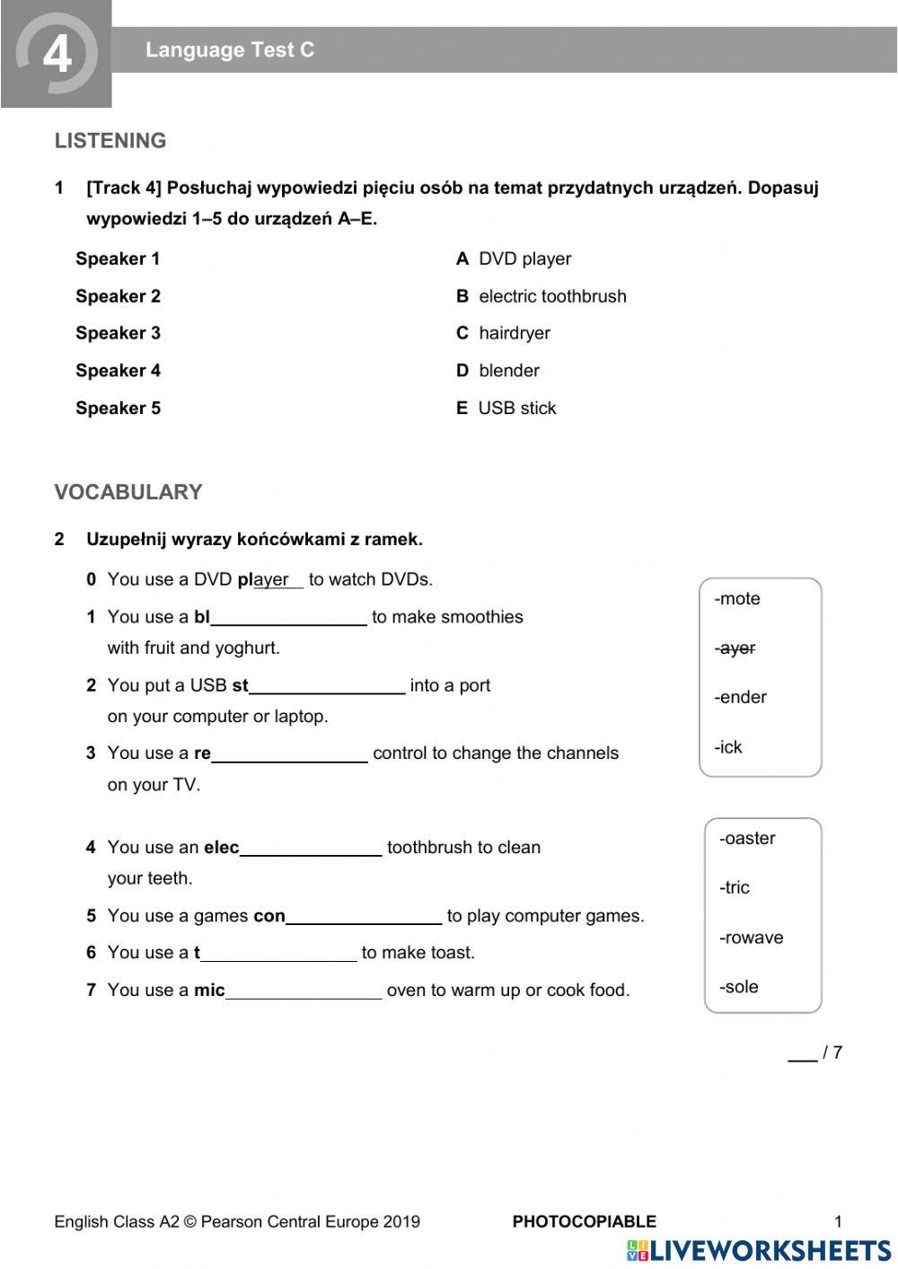 unit 4 english class a2 test