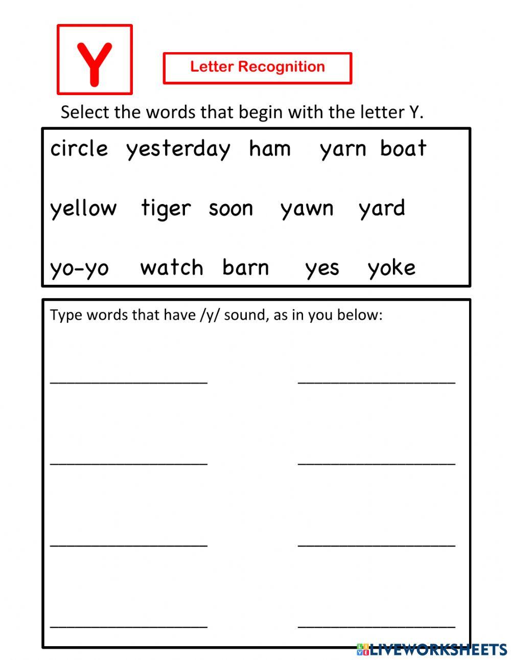 Letter Y recognition - Select and Write