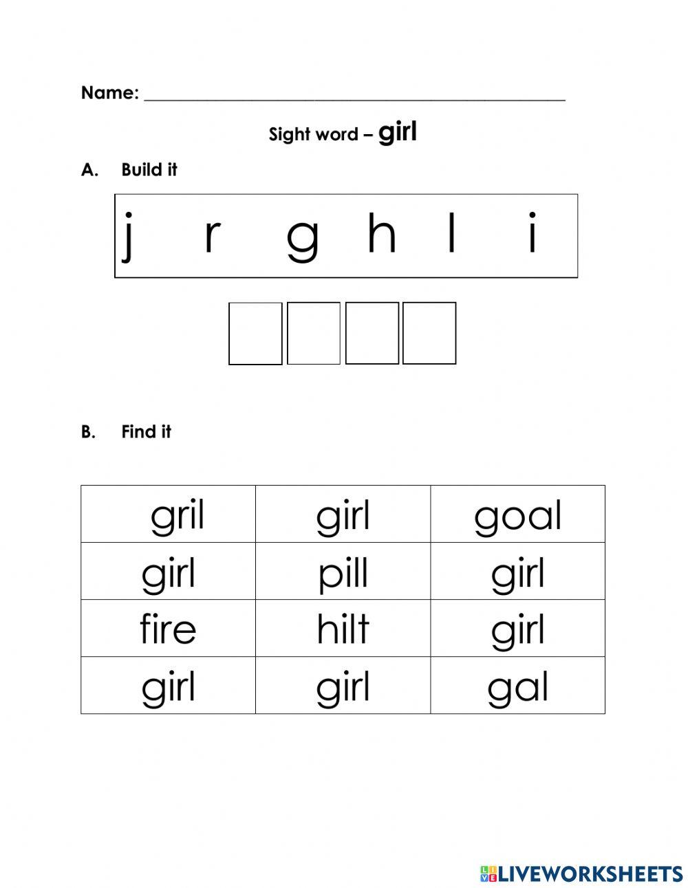 Free Printable Sight Word Girl Worksheet