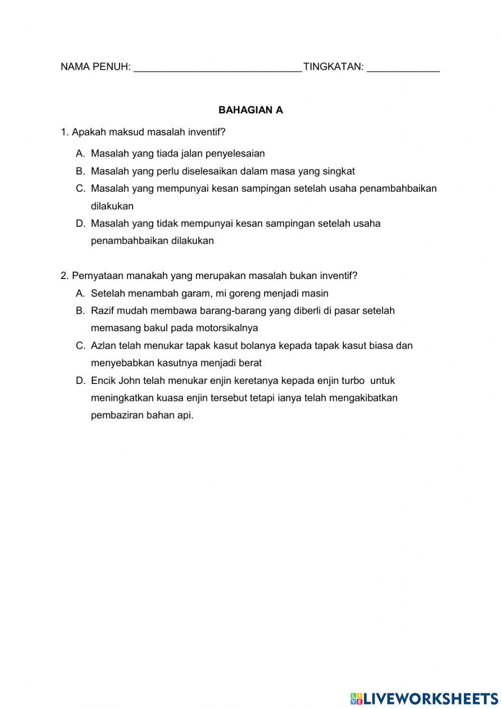 PENYELESAIAN MASALAH INVENTIF (Bahagian A)