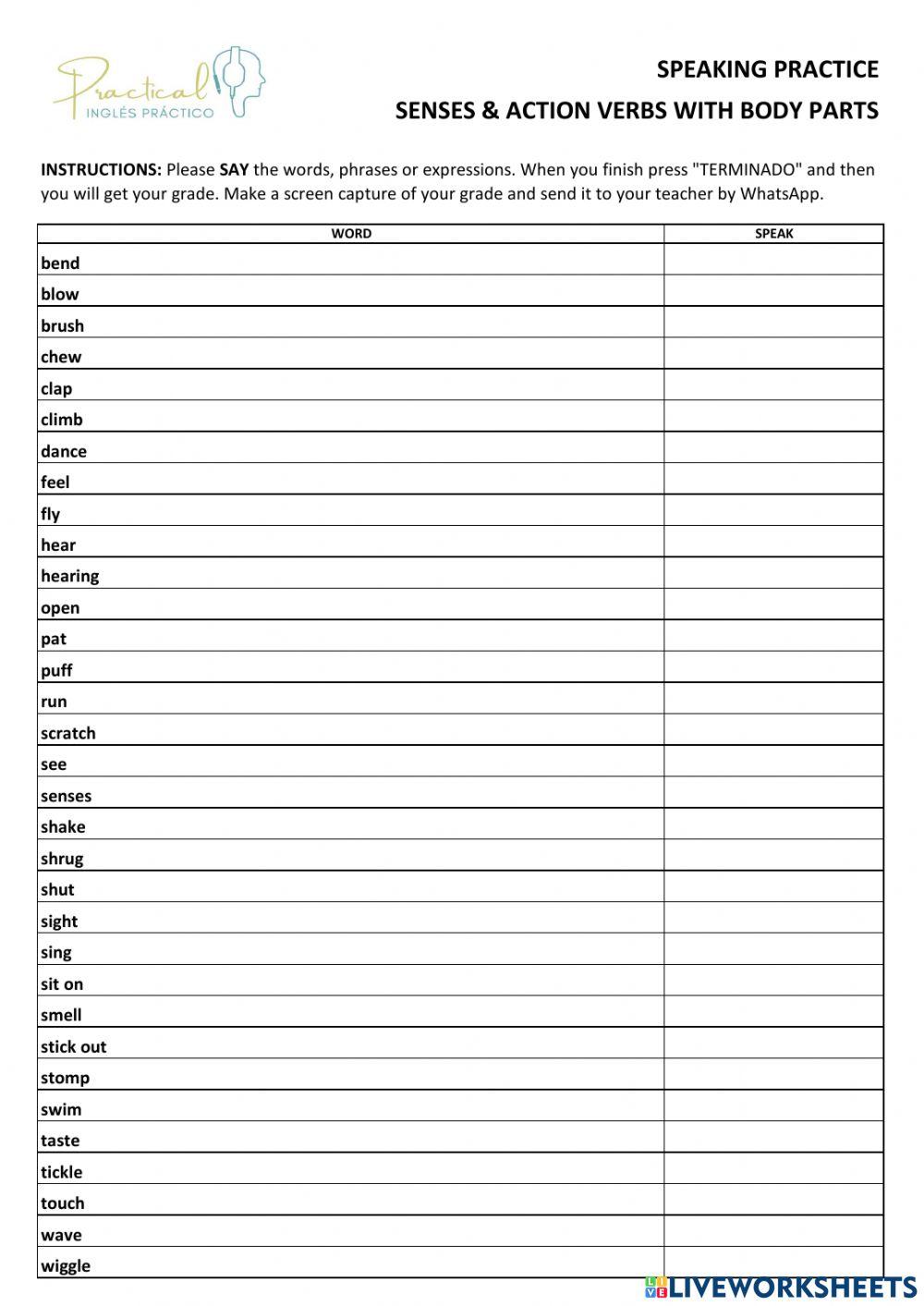 Speaking practice - senses & action verbs with body parts