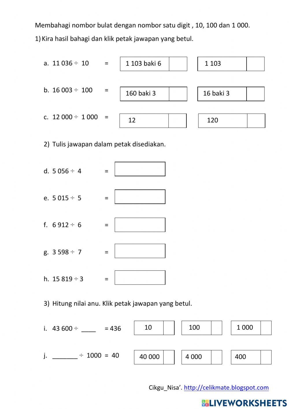 Membahagi Nombor Bulat Dengan nombor 1 digit, 10, 100 dan 1 000