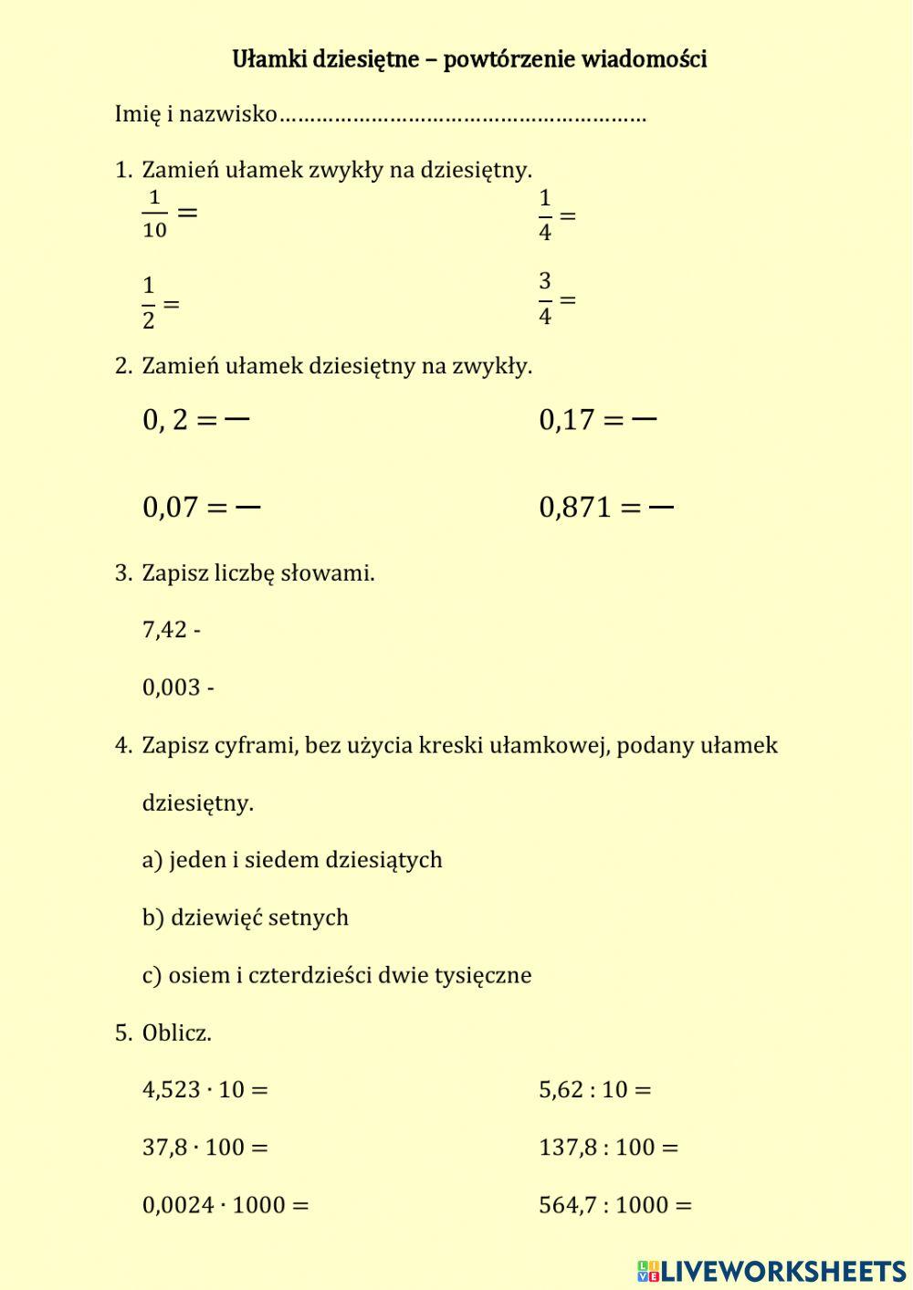 Ułamki dziesiętne - powtórzenie