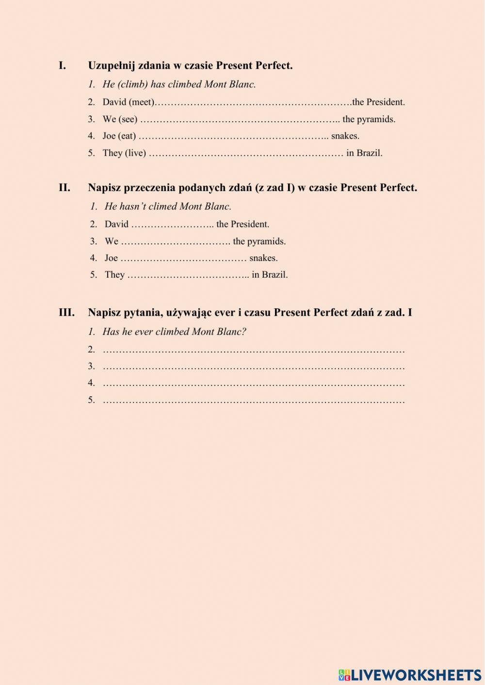 Present perfect short test