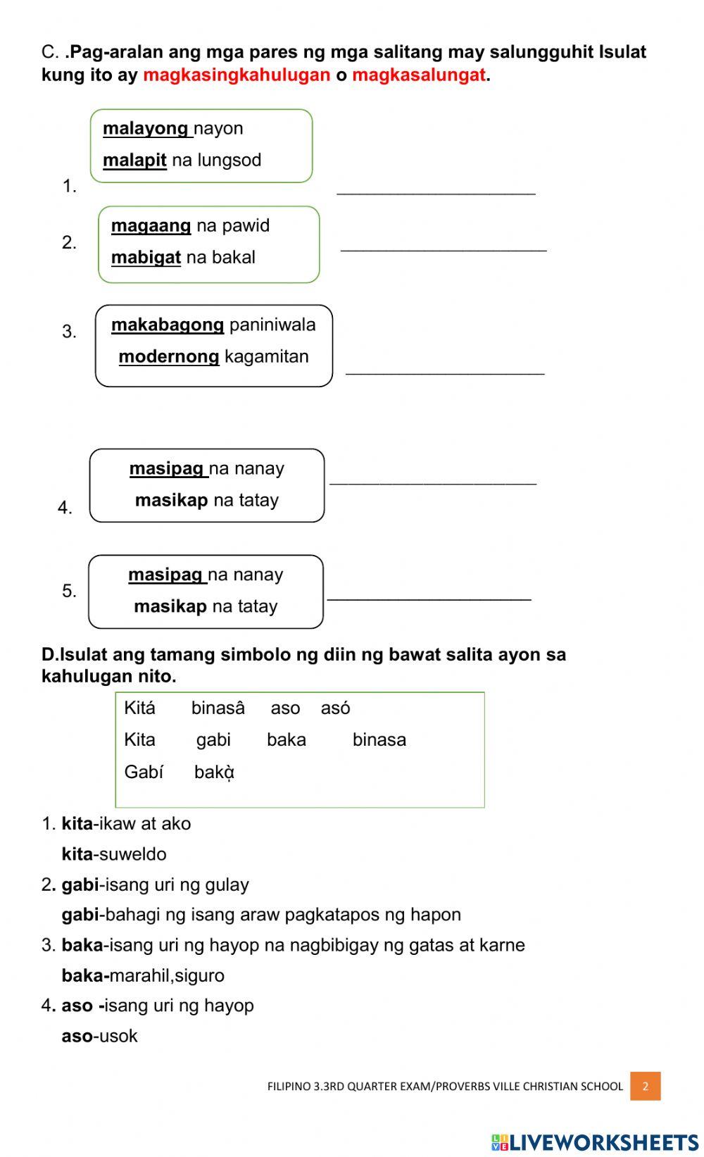 FILIPINO 3 3RD qUARTER eXAM online exercise for | Live Worksheets