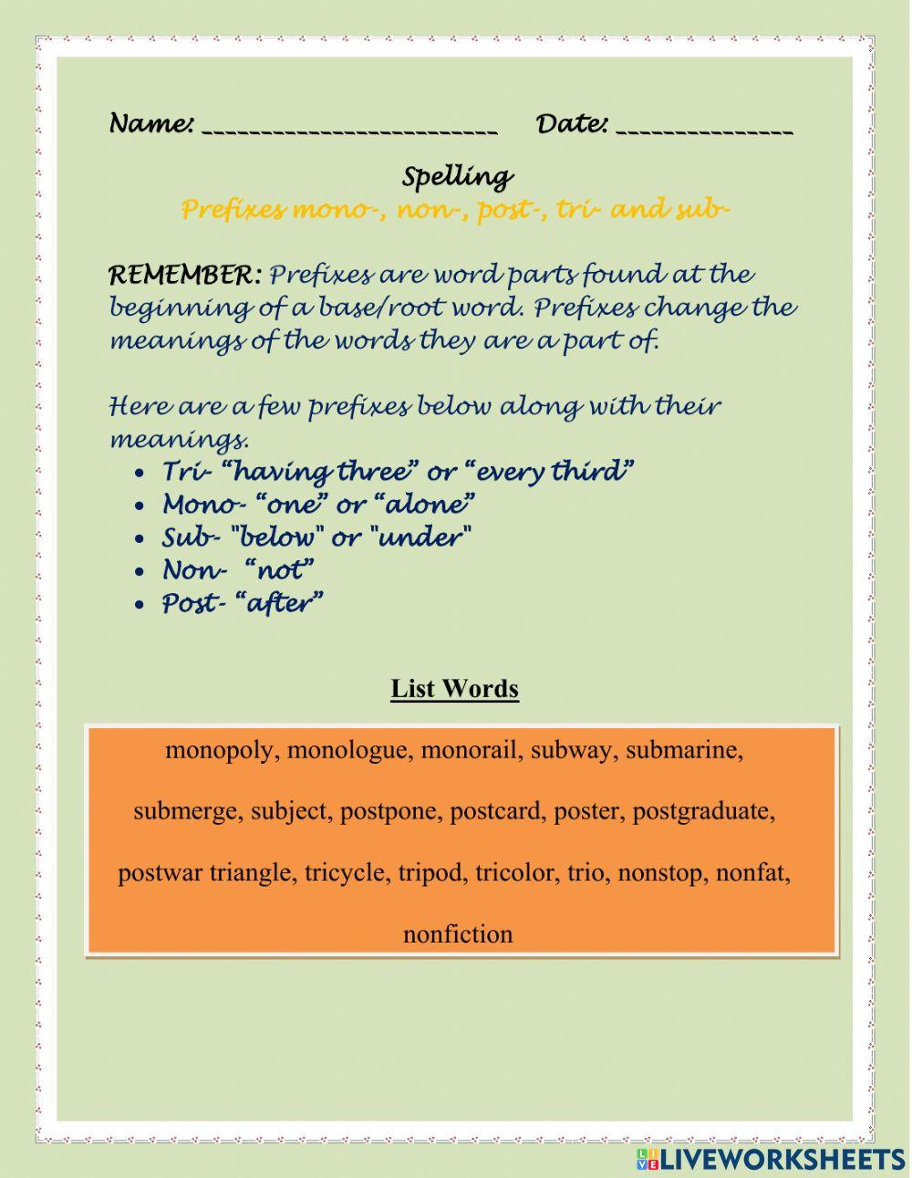 Prefixes mono-, non-, post-, tri- and sub- Prefixes mono-, non-, post-, tri- and sub-