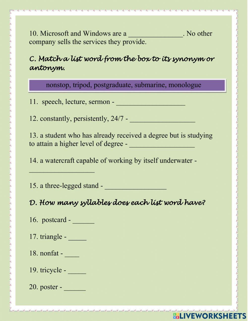 Prefixes mono-, non-, post-, tri- and sub- Prefixes mono-, non-, post-, tri- and sub-