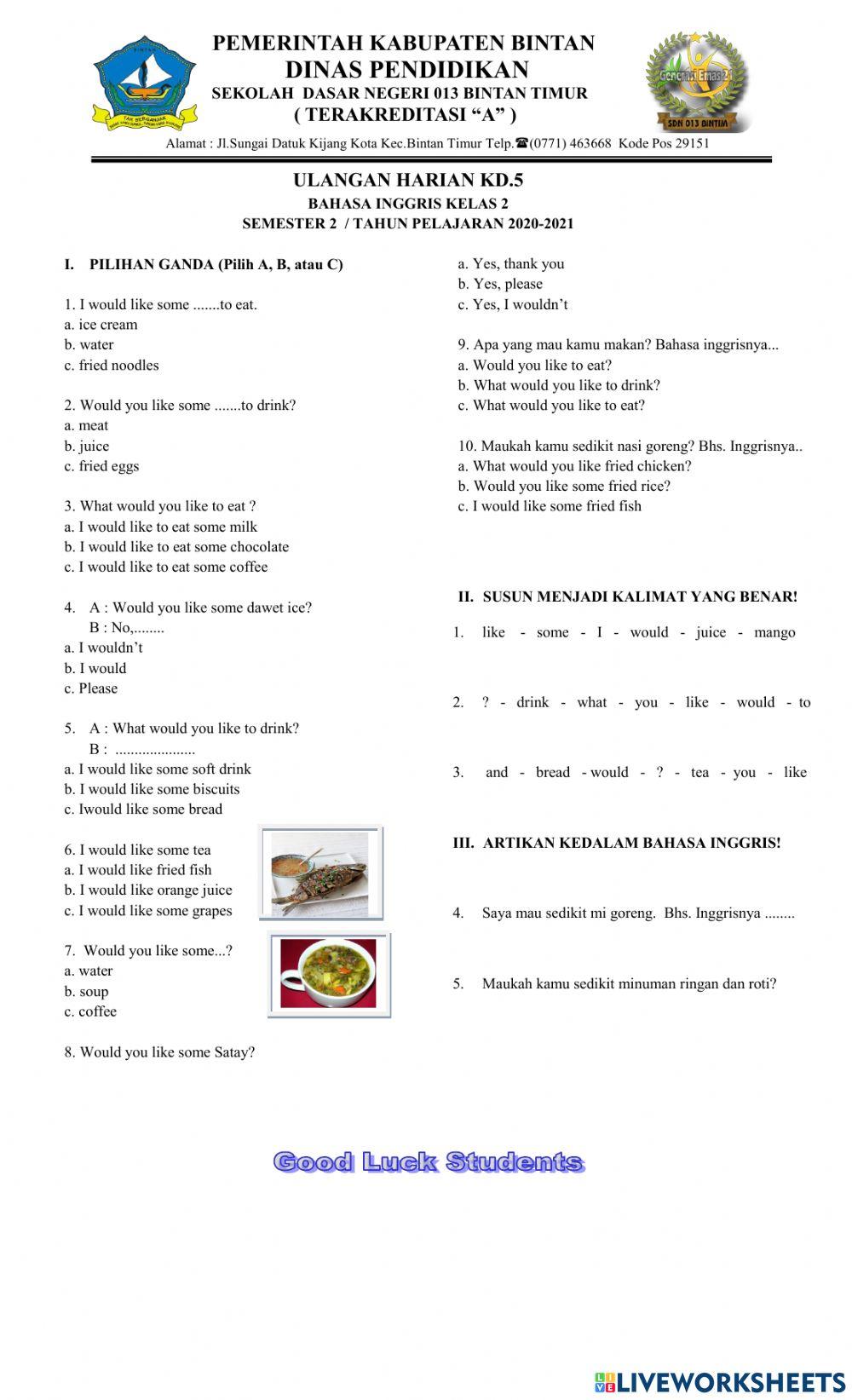 Ulangan harian KD.5 bhs.inggris kls 2 (10-03-2021)