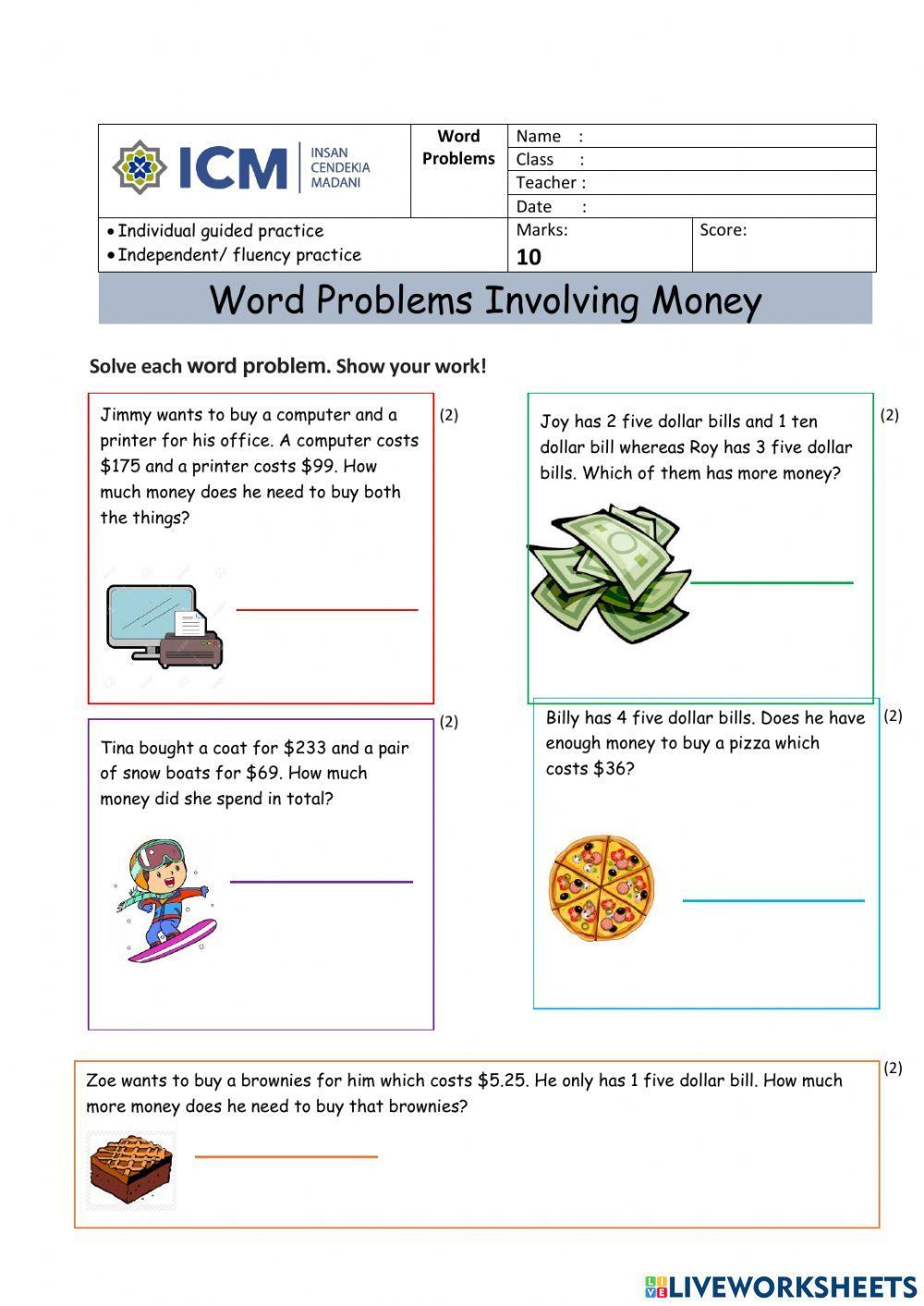 Solving word problems involving money