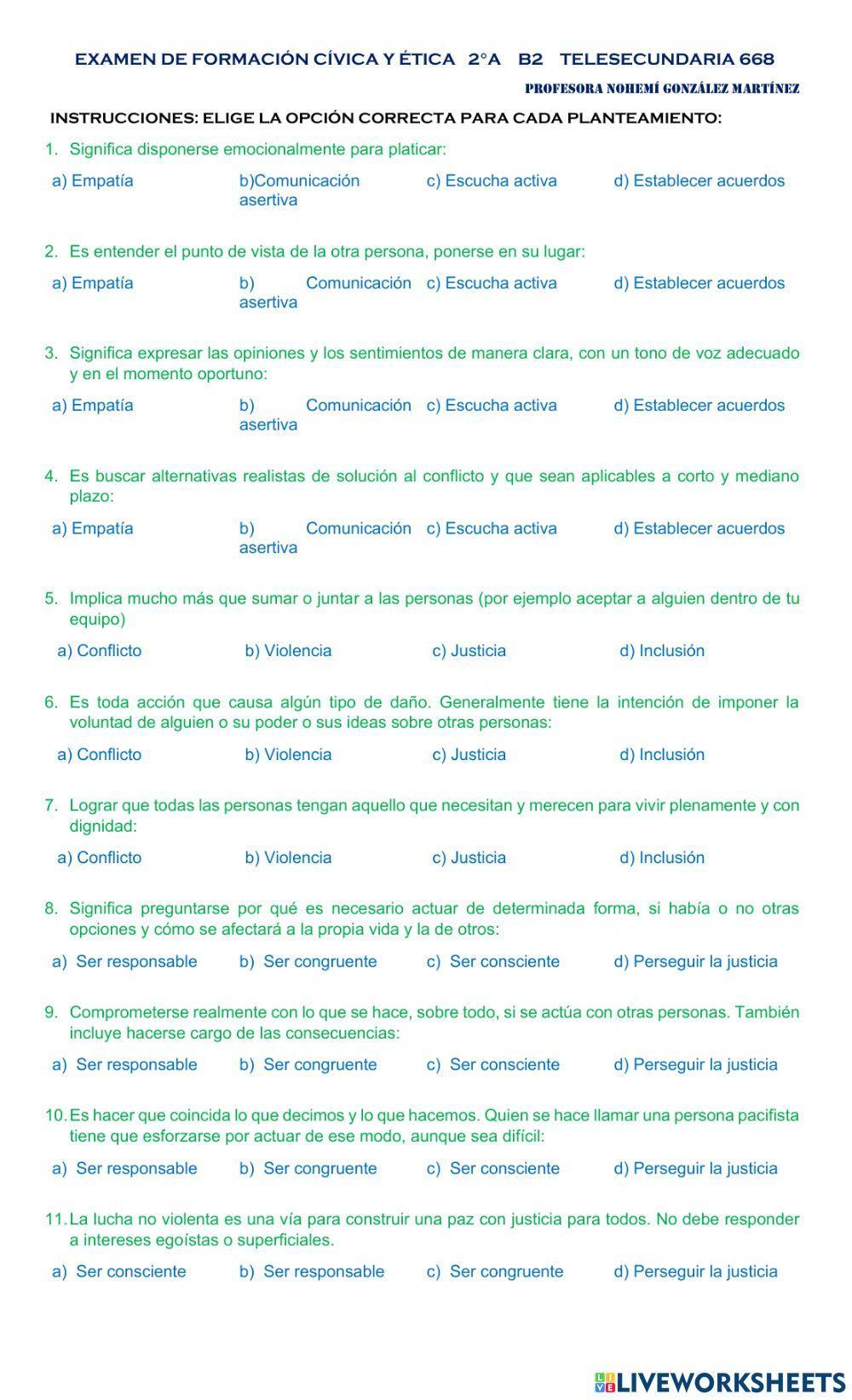 Examen de Formación Cívica y Ética