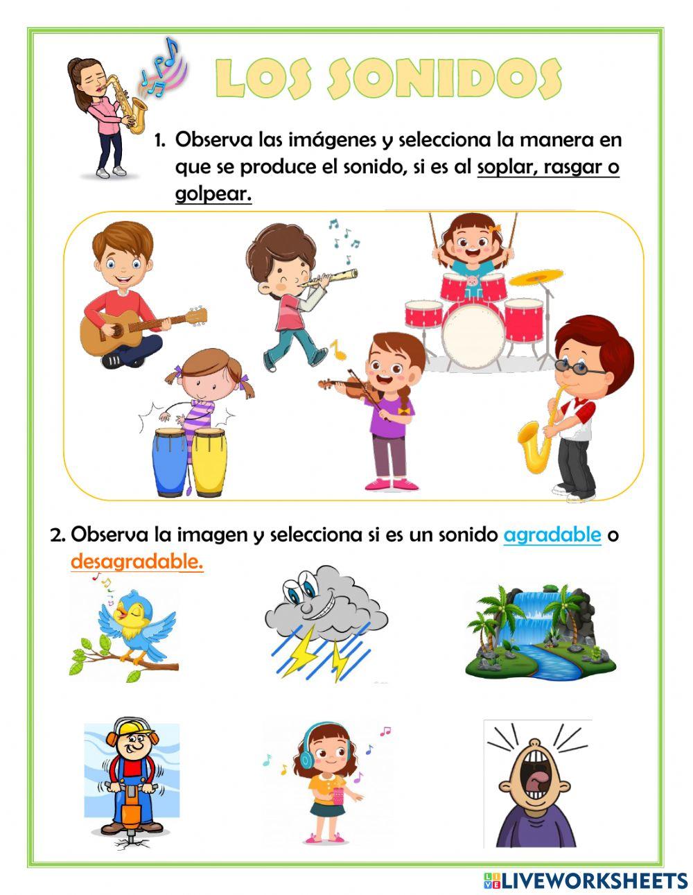 Sonidos (soplar, rasgar, golpear)