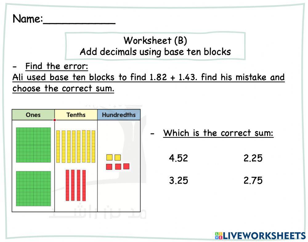 Add decimals using base ten blocks (B)