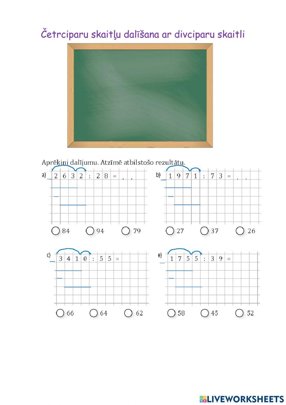 Četrciparu skaitļu dalīšana ar divciparu skaitli
