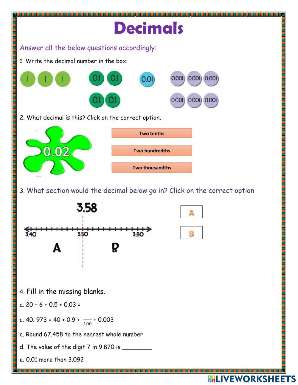 Decimals Review online exercise for | Live Worksheets