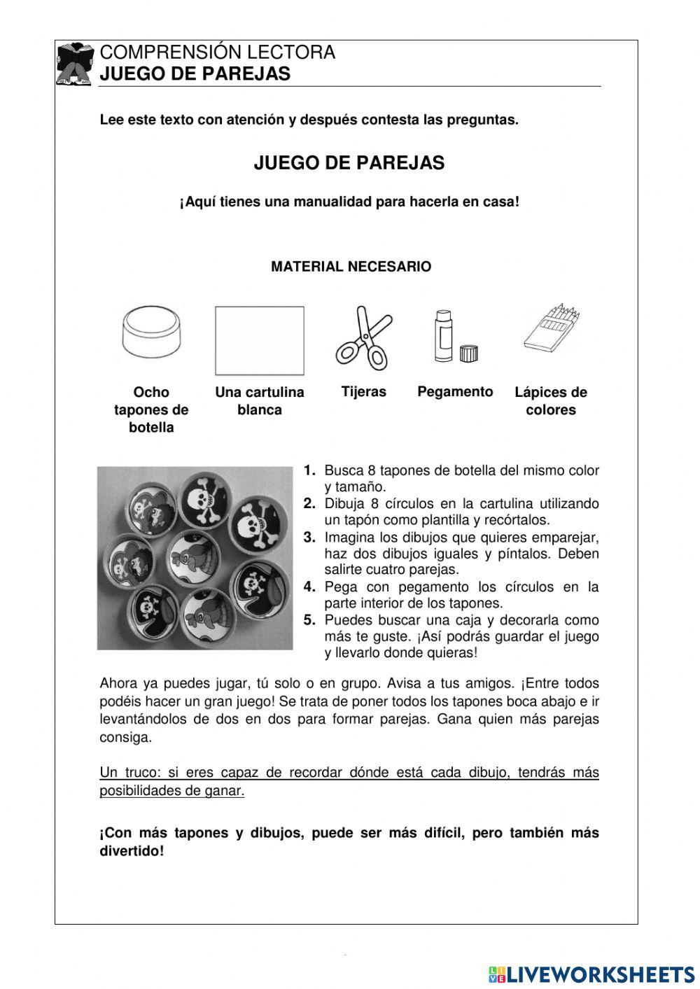 Comprensión lectora juego de parejas