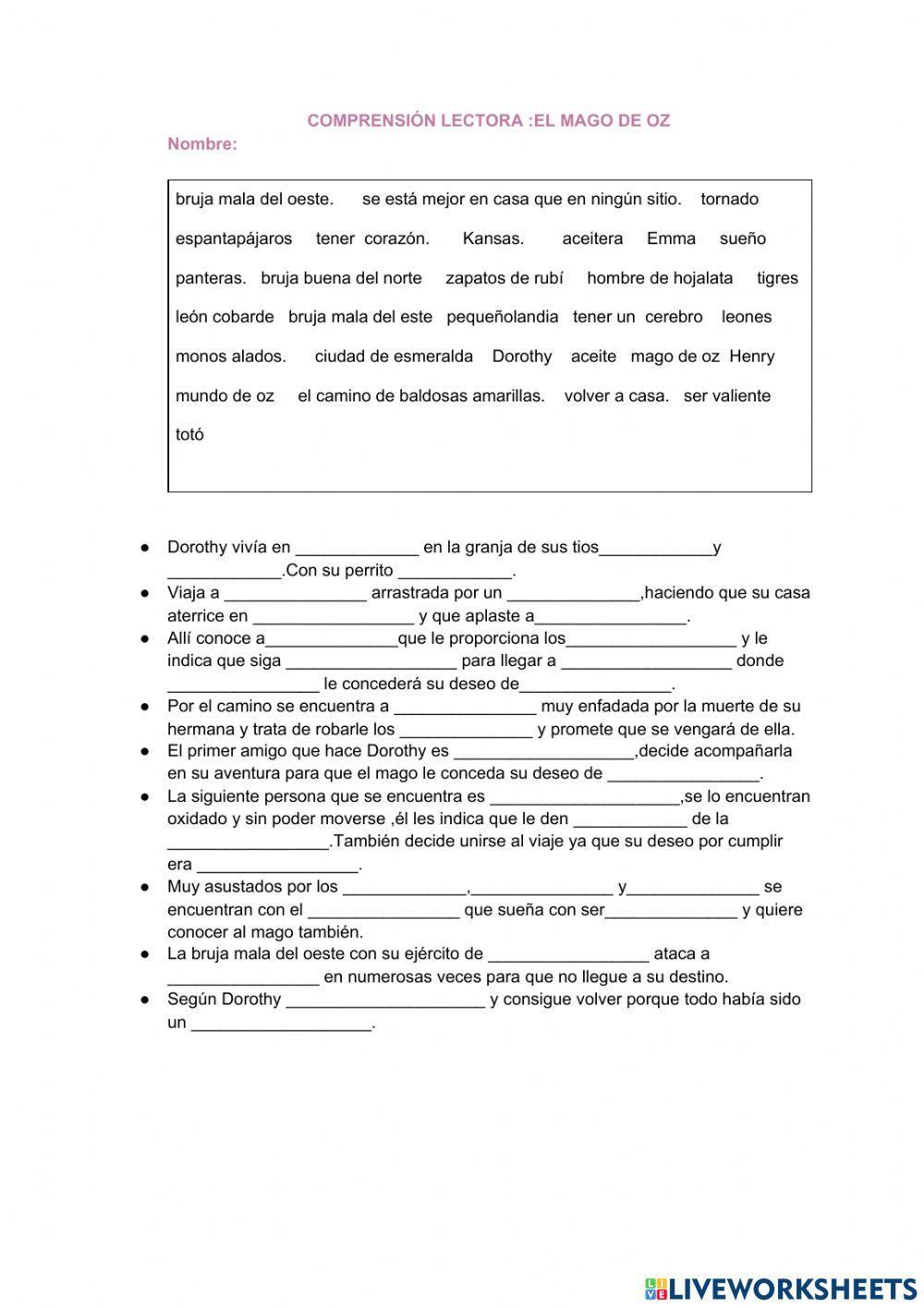 Compresión lectora el mago de oz