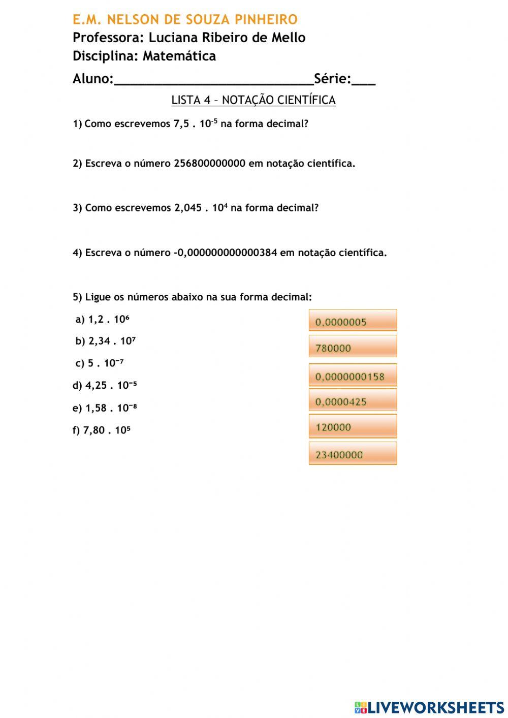 Lista 4 notação científica worksheet