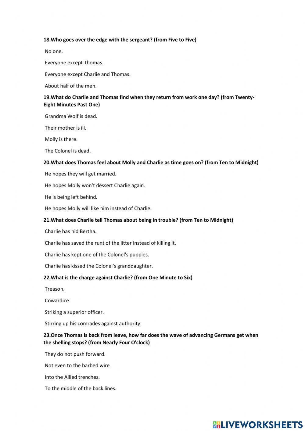 PRIVATE PEACEFUL - Michael Morpurgo - Quiz