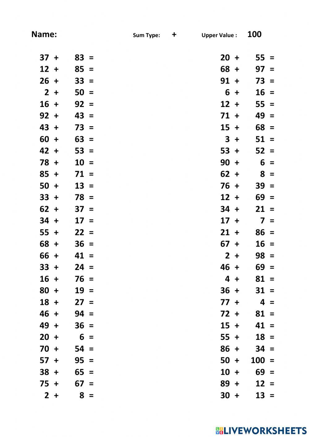 Addition Vasudev Bhakta Live Worksheets